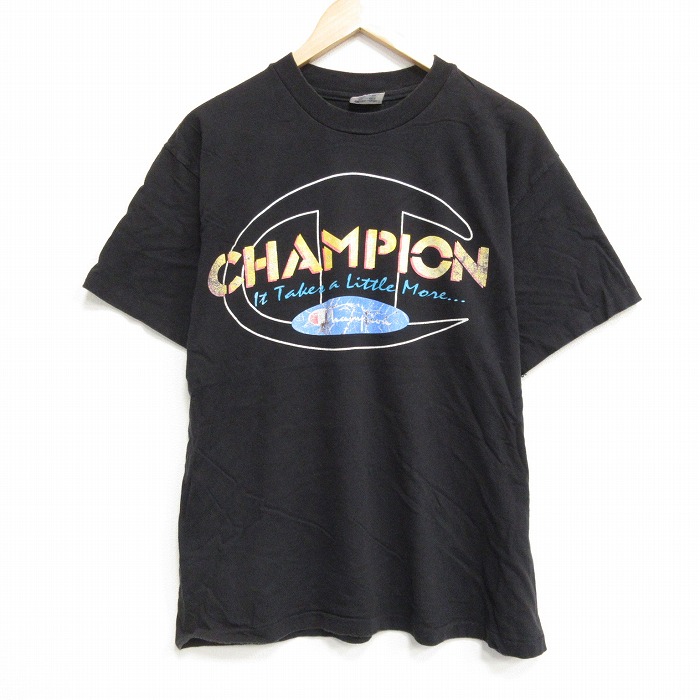 L★古着 チャンピオン champion 半袖 ビンテージ Tシャツ メンズ 90年代 90s ビッグロゴ コットン クルーネック USA製 黒 ブラック 【spe】 25sep22 中古