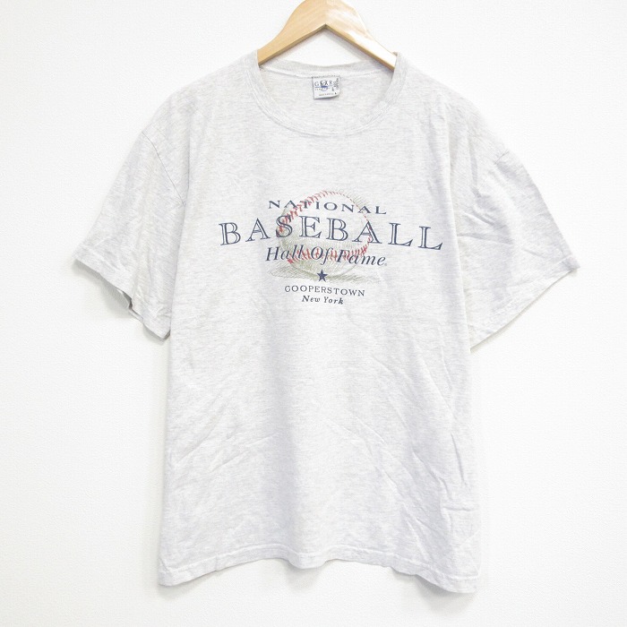 XL★古着 半袖 ビンテージ Tシャツ メンズ 90年代 90s ベースボール 大きいサイズ コットン クルーネック 薄グレー 霜降り 25sep22 中古