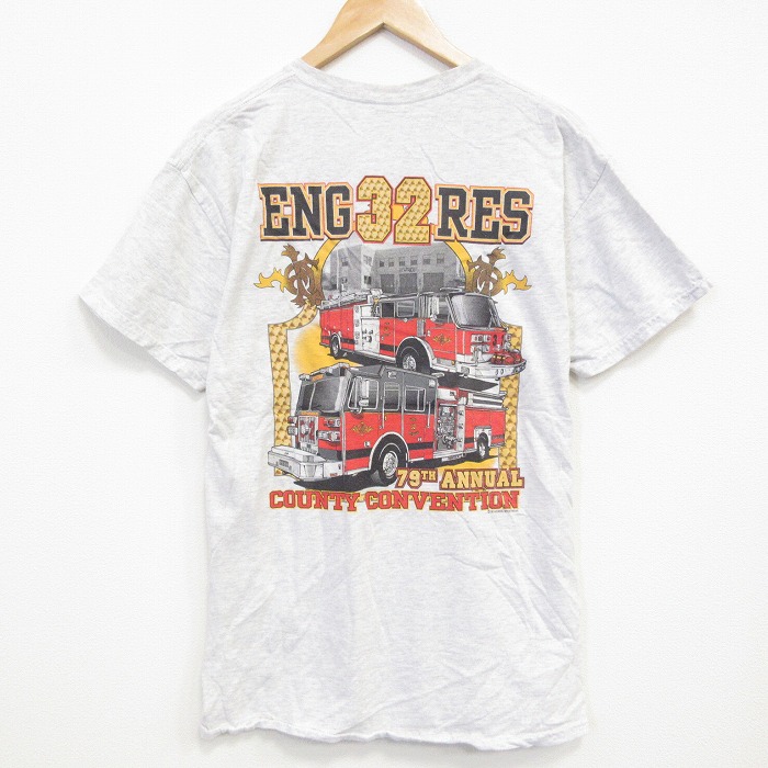L★古着 半袖 ビンテージ Tシャツ メンズ 00年代 00s 消防車 クルーネック 薄グレー 霜降り 25sep22 中古