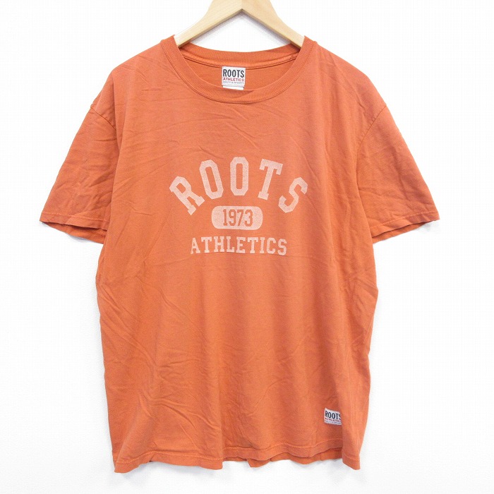 XL★古着 ROOTS 半袖 ビンテージ Tシャツ メンズ 00年代 00s ビッグロゴ 大きいサイズ コットン クルーネック カナダ製 オレンジ 25sep24 中古