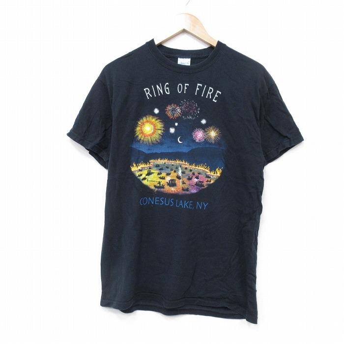 M★古着 半袖 ビンテージ Tシャツ メンズ 00年代 00s 花火 コットン クルーネック 黒 ブラック 25sep24 中古