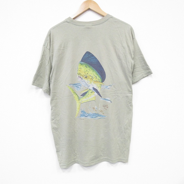 L★古着 ヘインズ Hanes 半袖 ビンテージ Tシャツ メンズ 00年代 00s 魚 クルーネック 薄緑 グリーン 25sep24 中古
