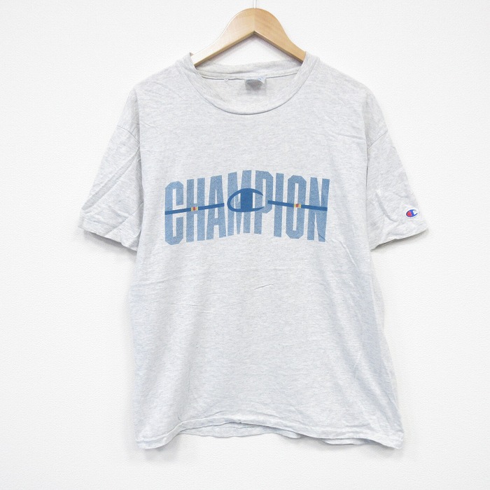 L★古着 チャンピオン champion 半袖 ビンテージ Tシャツ メンズ 90年代 90s ビッグロゴ コットン クルーネック USA製 薄グレー 霜降り 25sep24 中古