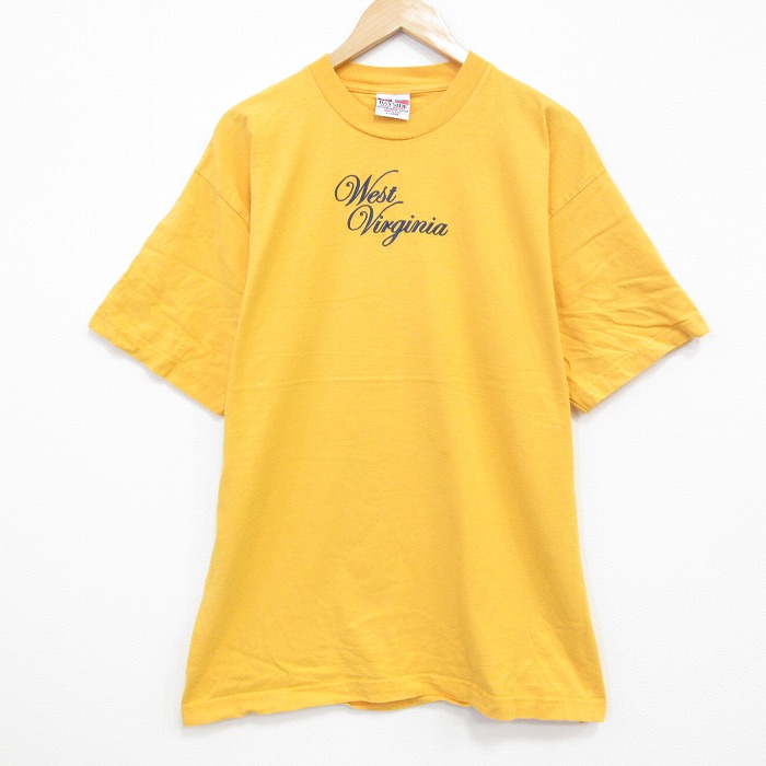 【20%OFF】XL★古着 半袖 ビンテージ Tシャツ メンズ 00年代 00s ウエストバージニア 刺繍 コットン クルーネック USA製 濃黄 イエロー 25sep25 中古