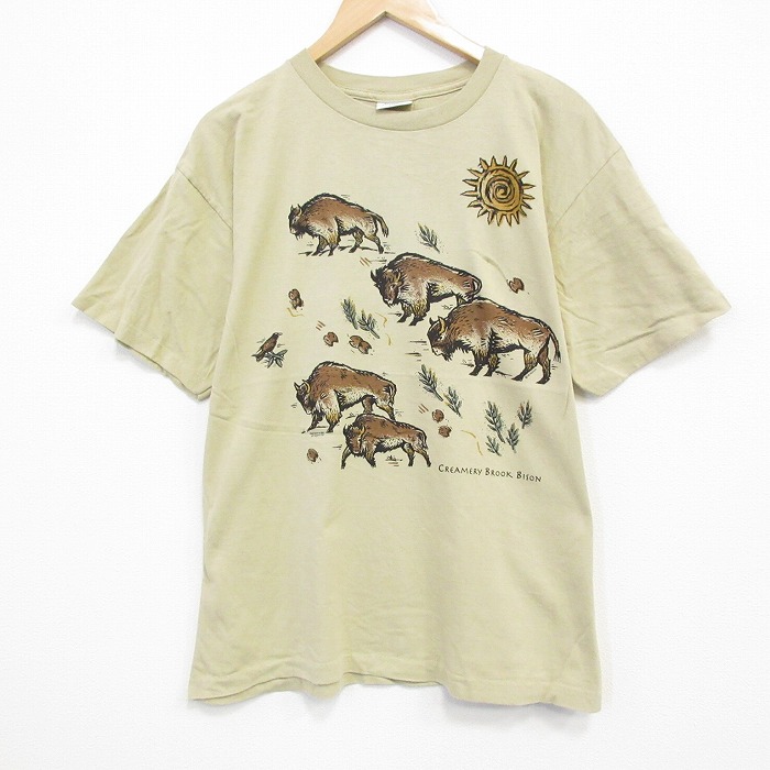XL★古着 半袖 ビンテージ Tシャツ メンズ 90年代 90s バイソン コットン クルーネック USA製 ベージュ カーキ 25sep25 中古