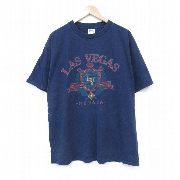 XL★古着 TULTEX 半袖 ビンテージ Tシャツ メンズ 90年代 90s ラスベガス コットン クルーネック 紺 ネイビー 25sep27 中古