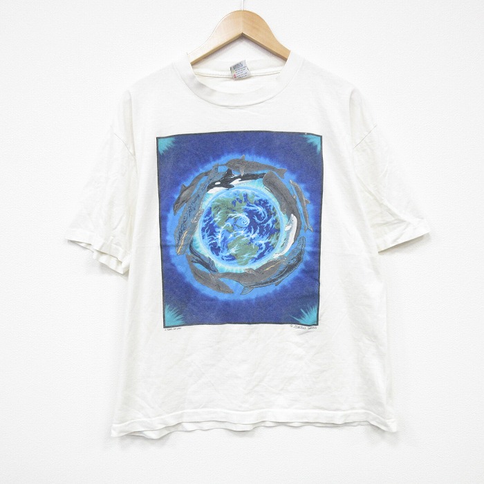 【20%OFF】L★古着 半袖 ビンテージ Tシャツ メンズ 90年代 90s シャチ クジラ コットン クルーネック USA製 白 ホワイト 25sep27 中古
