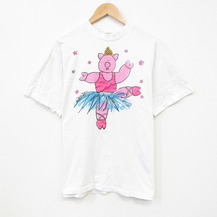 L★古着 半袖 ビンテージ Tシャツ メンズ 90年代 90s ブタ クルーネック 白 ホワイト 25sep25 中古