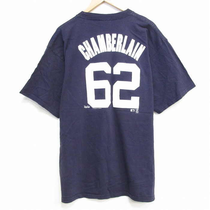 XL★古着 マジェスティック 半袖 ビンテージ Tシャツ メンズ 00年代 00s MLB ニューヨークヤンキース ジョバチェンバレン 62 大きいサイズ コットン クルーネック 紺 ネイビー メジャーリーグ ベースボール 野球 25sep25 中古