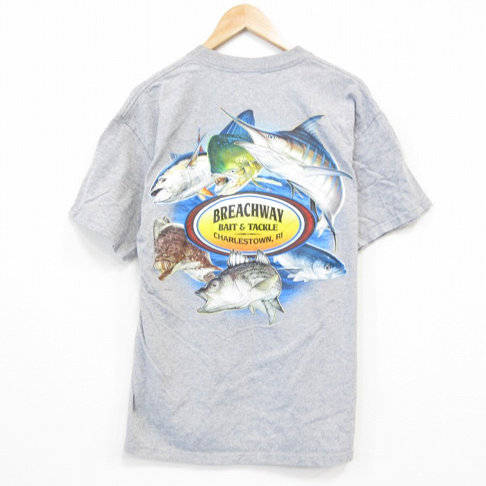 L★古着 半袖 ビンテージ Tシャツ メンズ 00年代 00s 魚 胸ポケット付き クルーネック グレー 霜降り 25sep25 中古