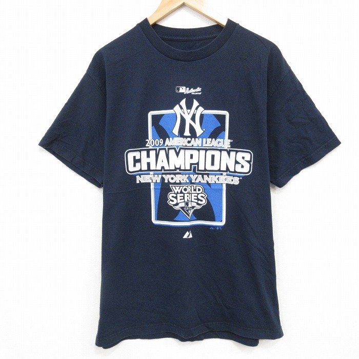 L★古着 半袖 ビンテージ Tシャツ メンズ 00年代 00s MLB ニューヨークヤンキース クルーネック 紺 ネイビー メジャーリーグ ベースボール 野球 25sep25 中古