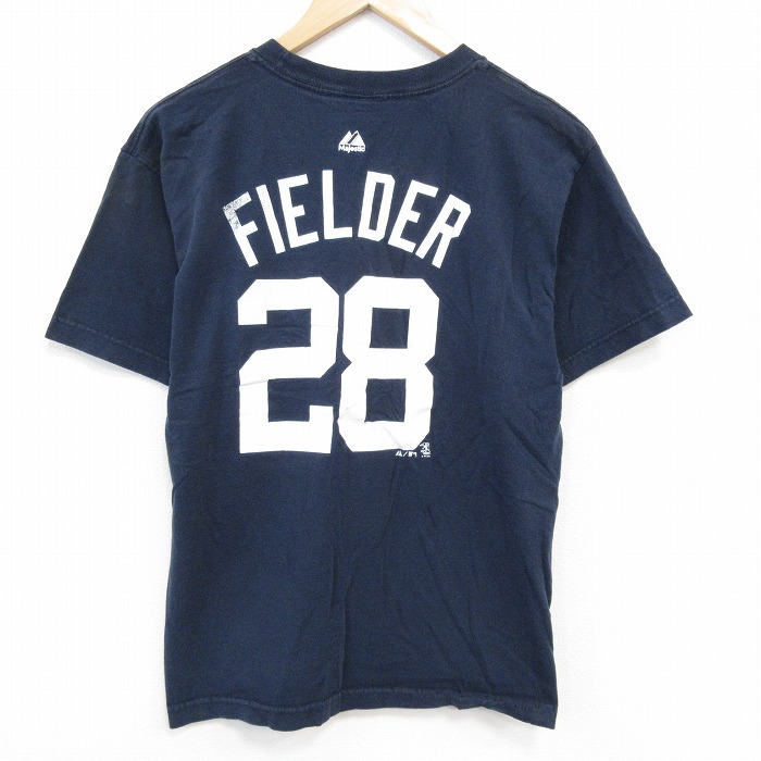 M★古着 マジェスティック 半袖 ビンテージ Tシャツ メンズ 00年代 00s MLBデトロイトタイガース プリンスフィルダー 28 クルーネック 紺 ネイビー メジャーリーグ ベースボール 野球 25sep29 中古