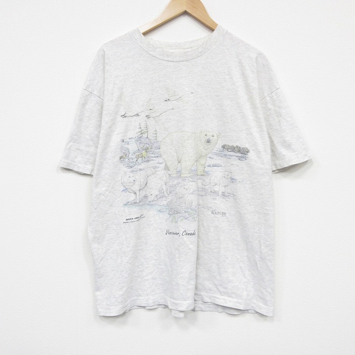 XL★古着 半袖 ビンテージ Tシャツ メンズ 90年代 90s クマ クルーネック 薄グレー 霜降り 26mar16