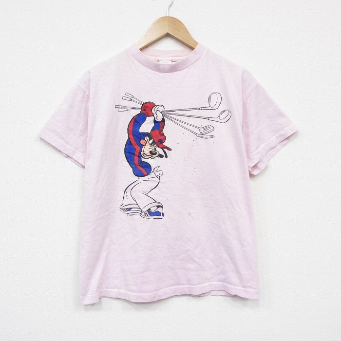 L★古着 半袖 ビンテージ Tシャツ メンズ 80年代 80s ディズニー グーフィー コットン クルーネック USA製 薄ピンク 26mar16