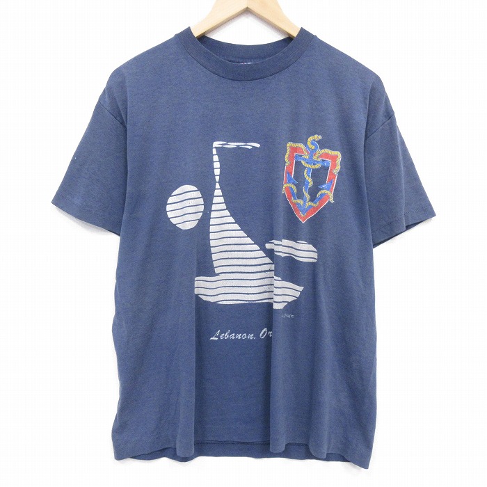 XL★古着 半袖 ビンテージ Tシャツ メンズ 80年代 80s ヨット クルーネック USA製 紺 26mar19