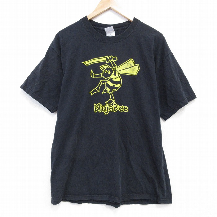 L★古着 半袖 ビンテージ Tシャツ メンズ 00年代 00s ハチ コットン クルーネック 黒 26mar23