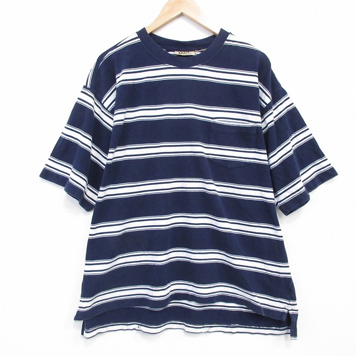 XL★古着 半袖 ビンテージ Tシャツ メンズ 00年代 00s 鹿の子 胸ポケット付き 大きいサイズ クルーネック 紺 ボーダー 26mar23