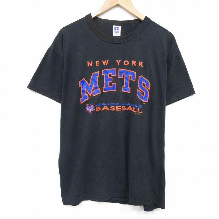 XL★古着 ラッセル 半袖 ビンテージ Tシャツ メンズ 00年代 00s MLB ニューヨークメッツ クルーネック 黒 メジャーリーグ ベースボール 野球 26mar24