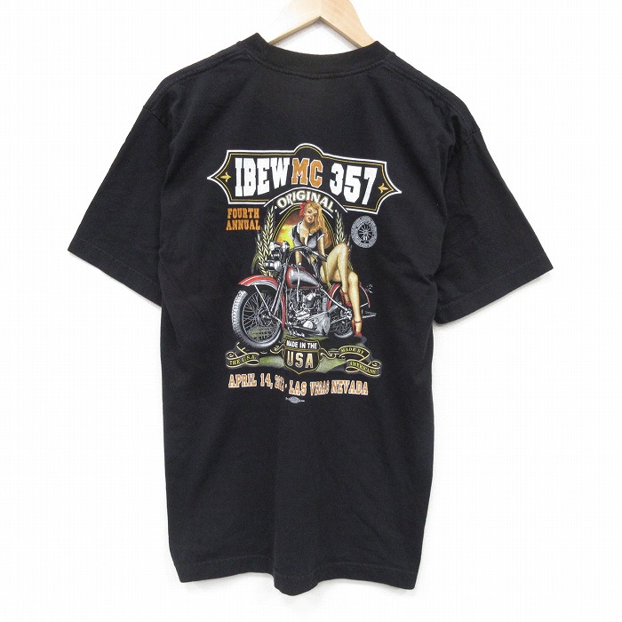 L★古着 半袖 Tシャツ メンズ バイク コットン クルーネック USA製 黒 26mar24
