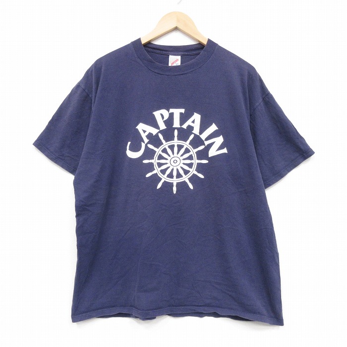 XL★古着 ジャージーズ 半袖 ビンテージ Tシャツ メンズ 90年代 90s キャプテン 大きいサイズ コットン クルーネック USA製 紺 26mar30