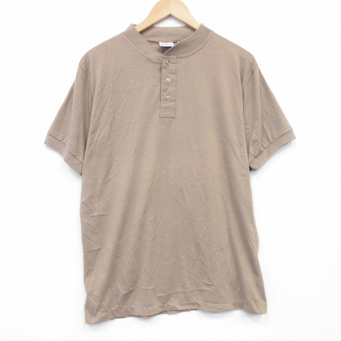 L★古着 半袖 ビンテージ Tシャツ メンズ 80年代 80s 無地 ヘンリーネック 濃ベージュ 26mar30