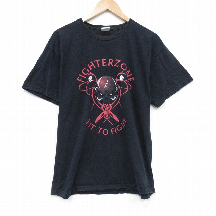 L★古着 半袖 ビンテージ Tシャツ メンズ 00年代 00s スカル コットン クルーネック 黒 26apr01