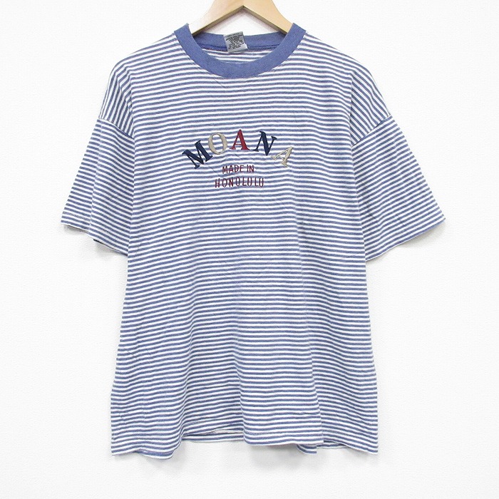 L★古着 半袖 ビンテージ Tシャツ メンズ 90年代 90s ホノルル 刺繍 コットン クルーネック USA製 白他 ストライプ 26apr01