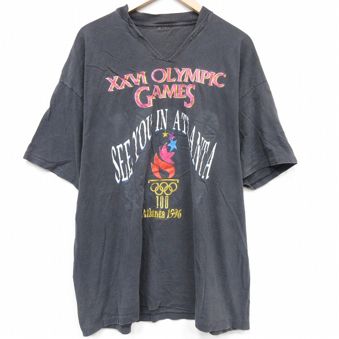XL★古着 半袖 ビンテージ Tシャツ メンズ 90年代 90s アトランタオリンピック 大きいサイズ Vネック 濃グレー 26apr01