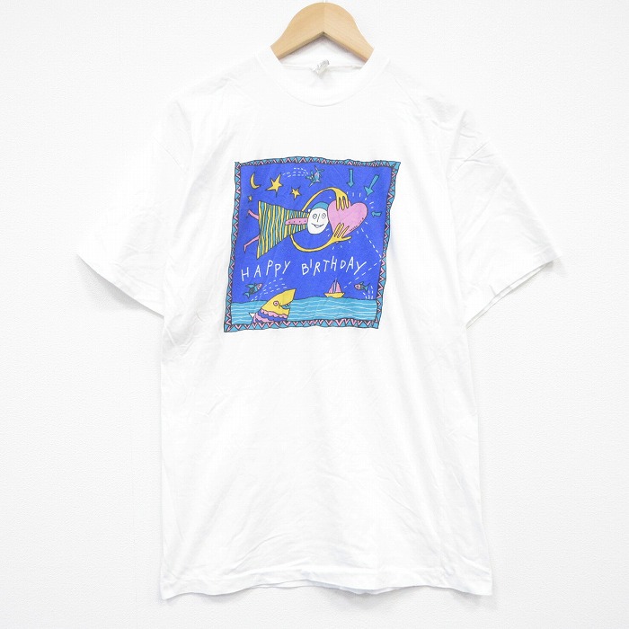 L★古着 半袖 ビンテージ Tシャツ メンズ 90年代 90s ハッピーバースディ コットン クルーネック 白 26apr02