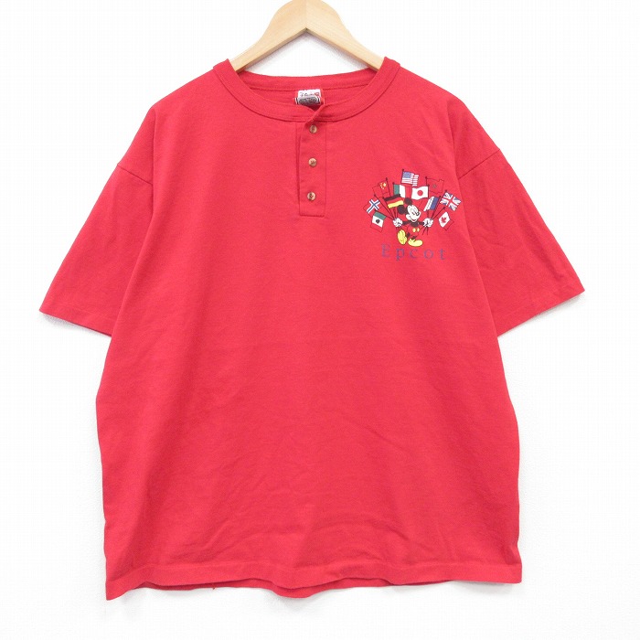 XL★古着 半袖 ビンテージ Tシャツ メンズ 90年代 90s ディズニー ミッキー 大きいサイズ コットン ヘンリーネック USA製 赤 26apr02