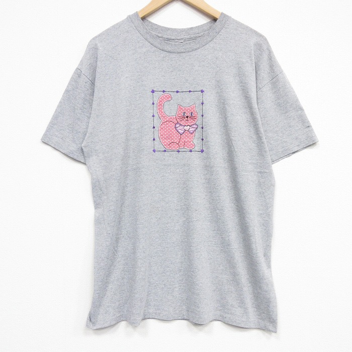 XL★古着 半袖 ビンテージ Tシャツ メンズ 80年代 80s ネコ クルーネック グレー 霜降り 26apr02