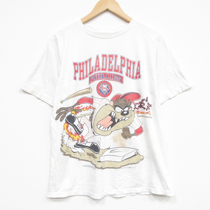 L★古着 半袖 ビンテージ Tシャツ メンズ 90年代 90s MLB ルーニーテューンズ フィラデルフィアフィリーズ クルーネック 白 メジャーリーグ ベースボール 野球 26apr02