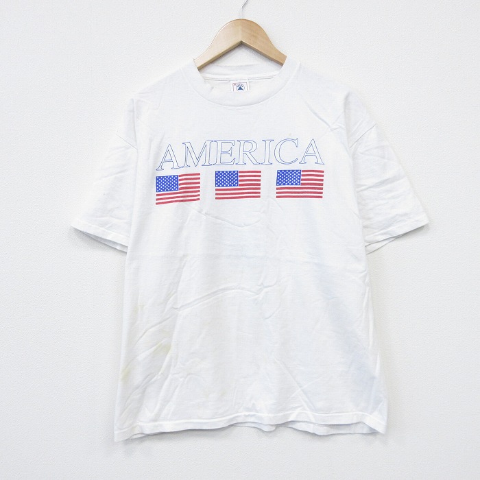 XL★古着 半袖 ビンテージ Tシャツ メンズ 90年代 90s アメリカ 星条旗 コットン クルーネック USA製 白 26apr04
