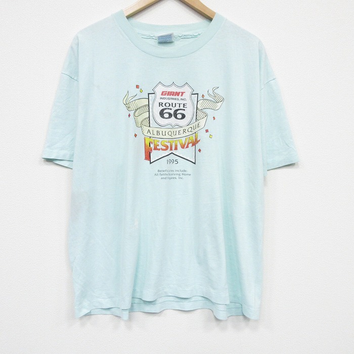 XL★古着 ヘインズ 半袖 ビンテージ Tシャツ メンズ 90年代 90s ルート66 大きいサイズ クルーネック USA製 薄水色 26apr03