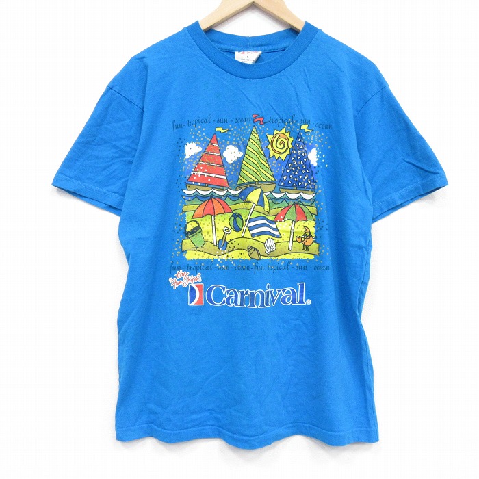 L★古着 半袖 ビンテージ Tシャツ メンズ 90年代 90s カーニバル コットン クルーネック 青 26apr02