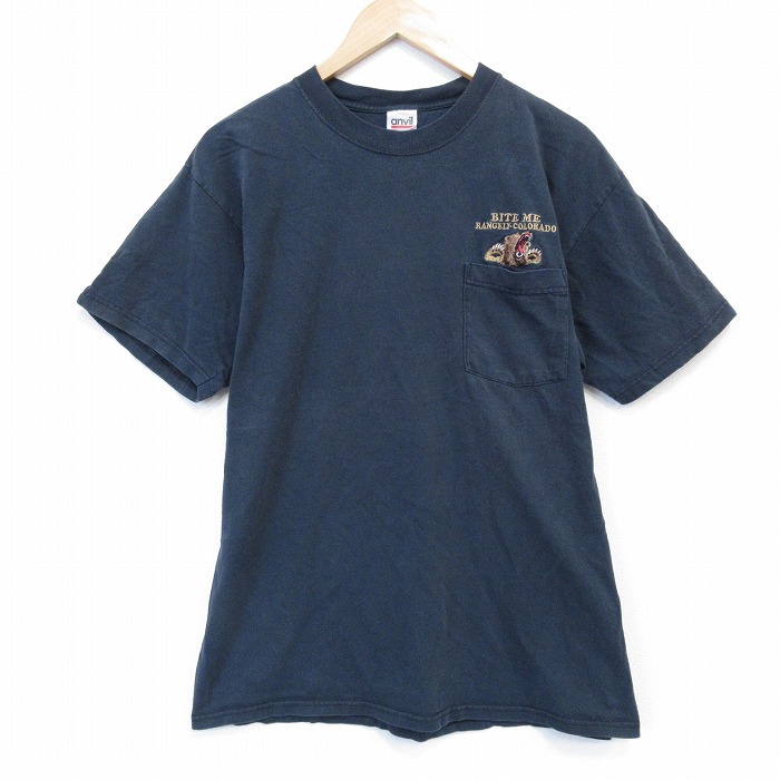 L★古着 半袖 ビンテージ Tシャツ メンズ 00年代 00s クマ 胸ポケット付き コットン クルーネック 黒 26apr03