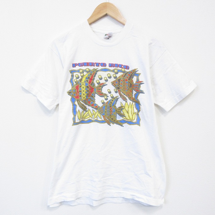 L★古着 フルーツオブザルーム 半袖 ビンテージ Tシャツ メンズ 90年代 90s 魚 コットン クルーネック USA製 白 26apr03