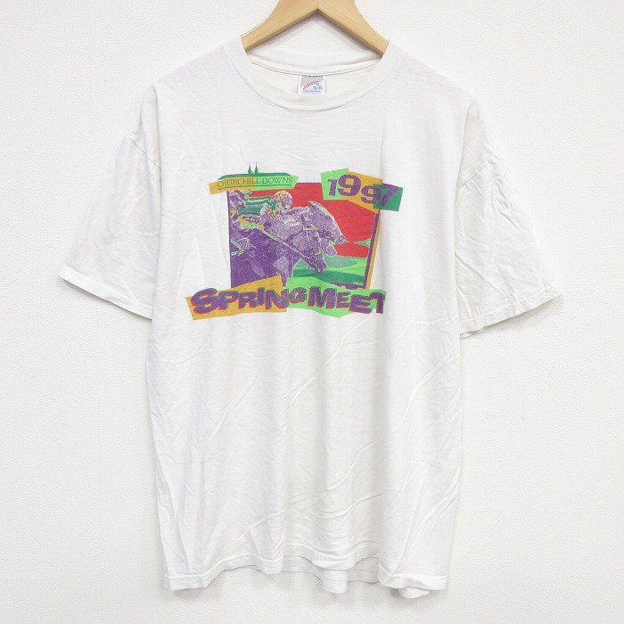 XL★古着 ジャージーズ 半袖 ビンテージ Tシャツ メンズ 90年代 90s 競馬 コットン クルーネック 白 26apr04