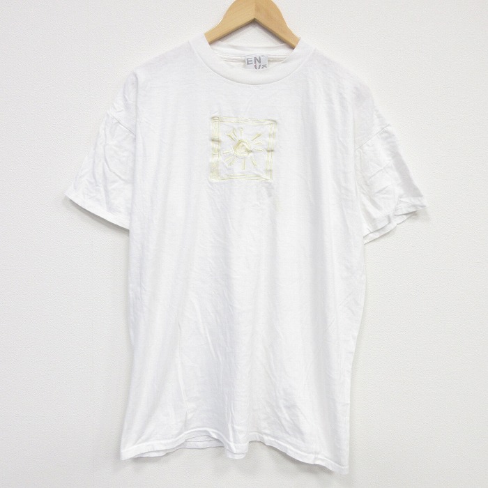 XL★古着 半袖 ビンテージ Tシャツ メンズ 90年代 90s 太陽 刺繍 大きいサイズ クルーネック USA製 白 26apr04