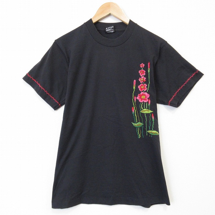 フルーツオブザルーム 90s 半袖Tシャツ 花刺繍 ブラック メンズM相当 | 古着