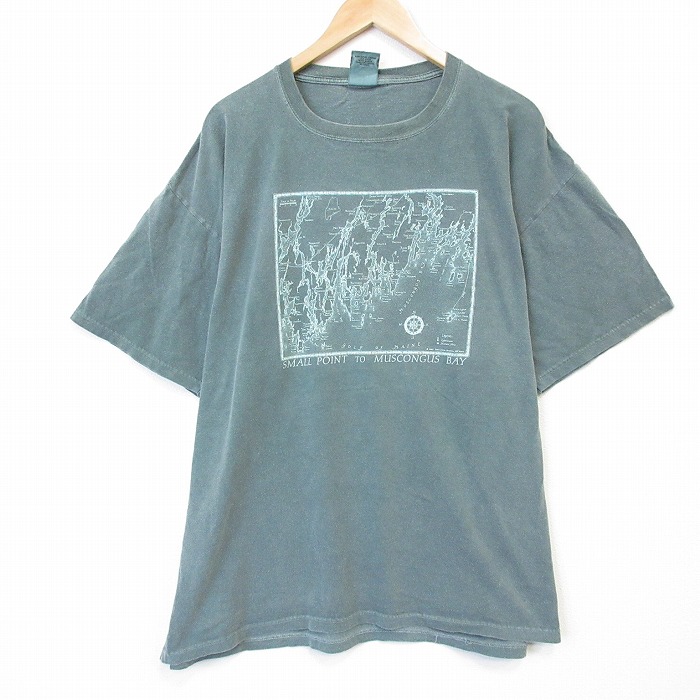 XL★古着 半袖 ビンテージ Tシャツ メンズ 00年代 00s 地図 大きいサイズ コットン クルーネック 薄緑 26apr06