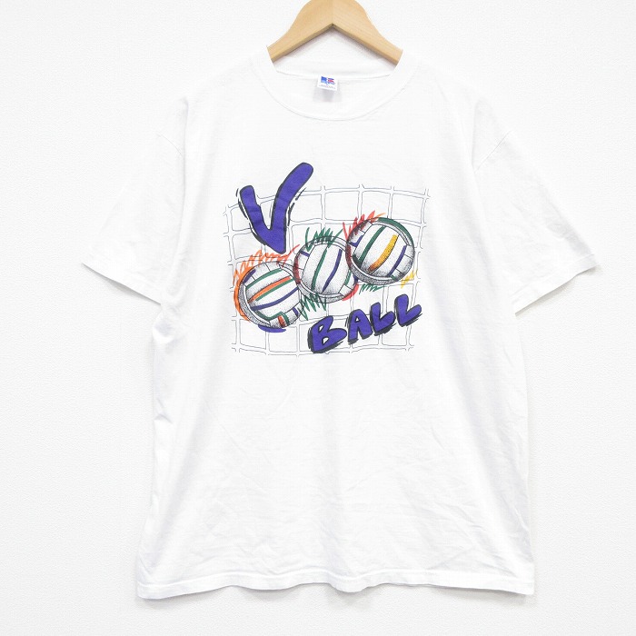 XL★古着 ラッセル 半袖 ビンテージ Tシャツ メンズ 80年代 80s バレーボール コットン クルーネック USA製 白【spe】 26apr25