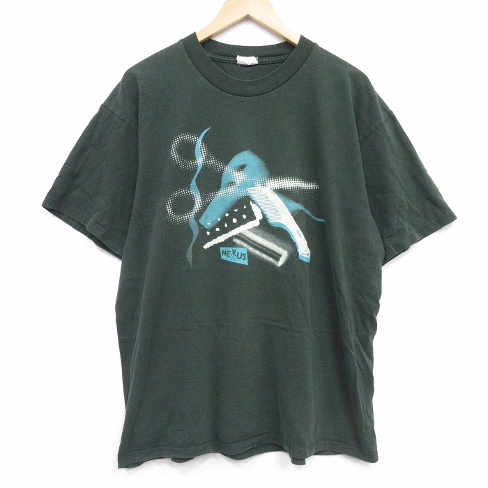 XL★古着 半袖 ビンテージ Tシャツ メンズ 90年代 90s ハサミ 大きいサイズ コットン クルーネック USA製 濃緑 26apr25
