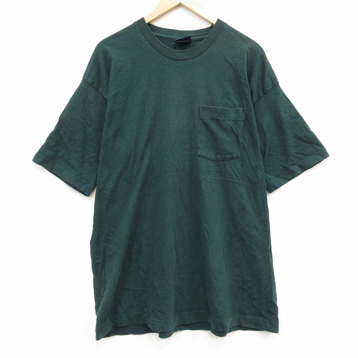 XL★古着 半袖 ビンテージ Tシャツ メンズ 90年代 90s 無地 ポケット付き 大きいサイズ USA製 グリーン【spe】 26aug27