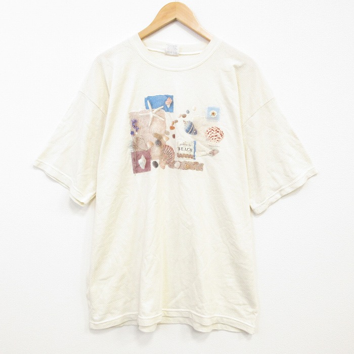 90s 半袖Tシャツ 貝 メッシュ地 生成り ベージュ メンズXL相当 | 古着