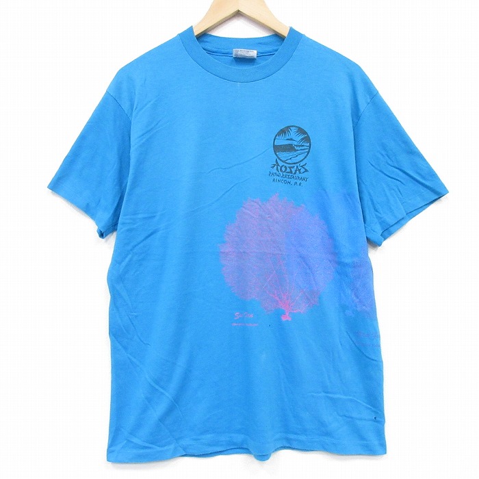 L★古着 ヘインズ 半袖 ビンテージ Tシャツ メンズ 80年代 80s 木 マルチプリント クルーネック USA製 ライトブルー【spe】 26may18