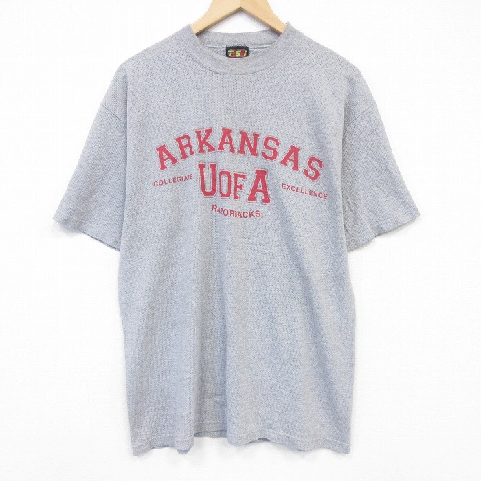 XL★古着 半袖 ビンテージ Tシャツ メンズ 90年代 90s アーカンソーレイザーバックス カレッジ メッシュ地 クルーネック USA製 グレー 霜降り【spe】 26may23
