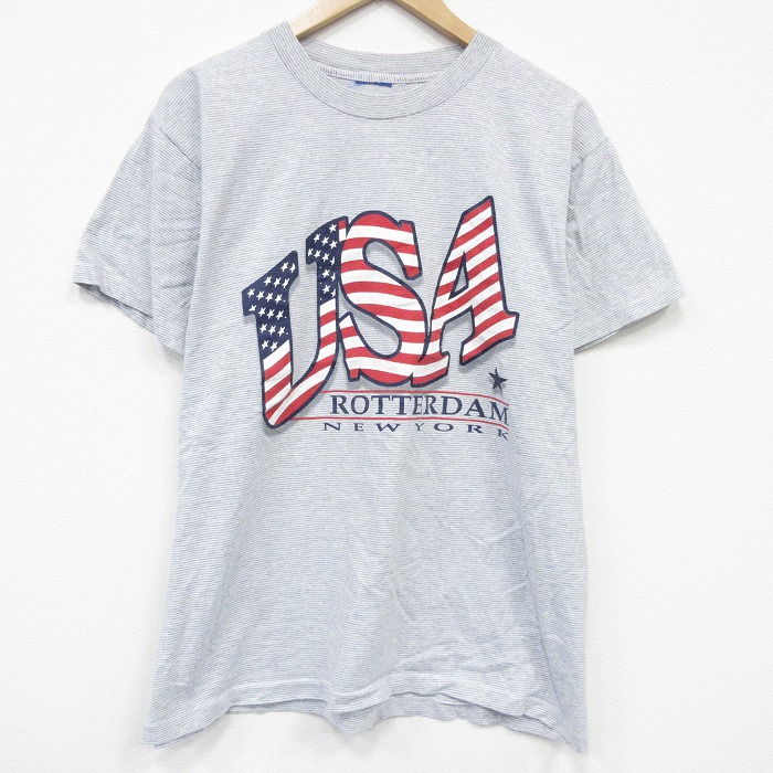 90s 半袖Tシャツ USAロゴ グレーストライプ L | 古着