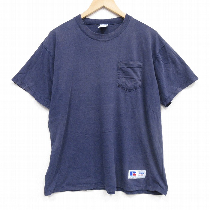 XL★古着 ラッセル 半袖 ビンテージ Tシャツ メンズ 90年代 90s 無地 胸ポケット付き 大きいサイズ コットン クルーネック USA製 ネイビー【spe】 26may25