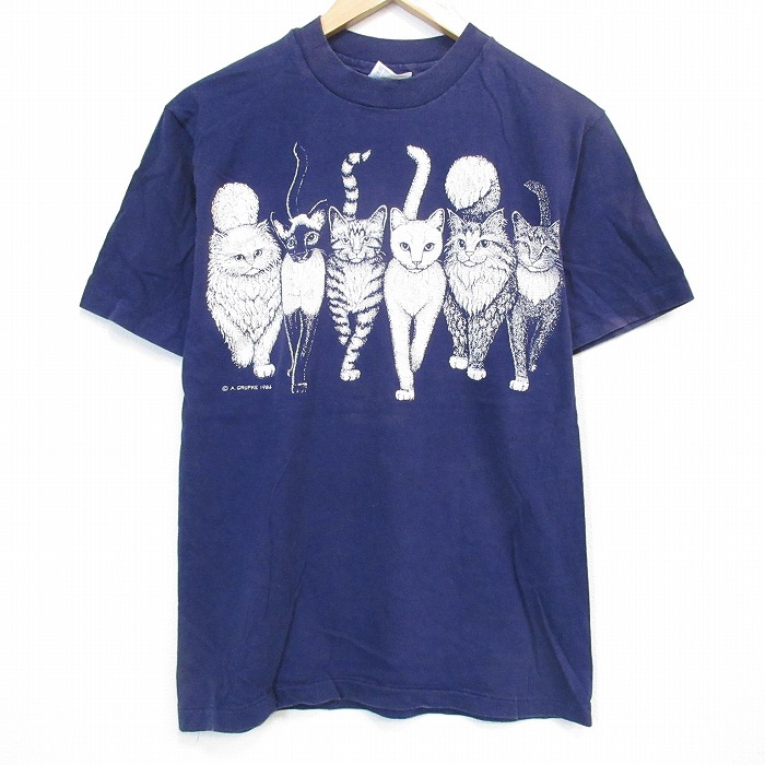 M★古着 ヘインズ 半袖 ビンテージ Tシャツ メンズ 80年代 80s ネコ 両面プリント コットン クルーネック USA製 ネイビー【spe】 26may29